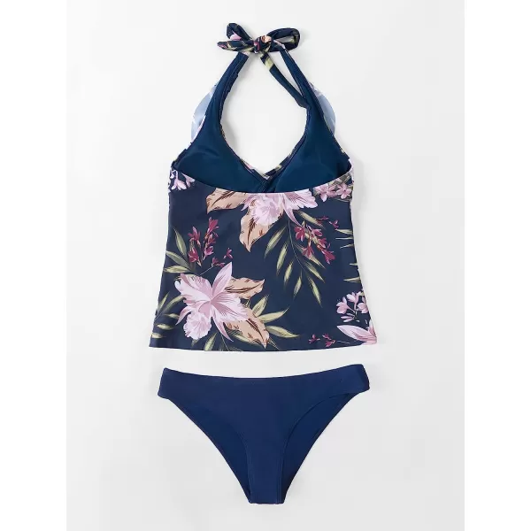 imageCUPSHE Womens Tankini Set Two Piece Swimsuit Ruffled Halter Low BackBlueFloral