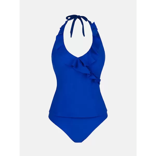 imageCUPSHE Womens Tankini Set Two Piece Swimsuit Ruffled Halter Low BackRoyal Blue