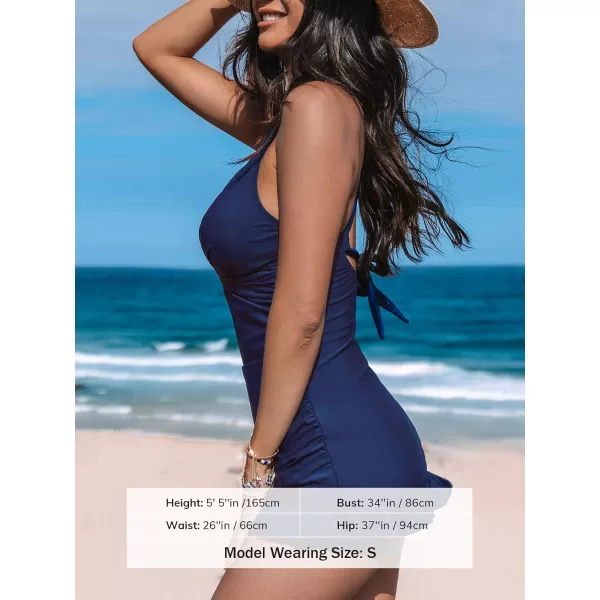 imageCUPSHE Womens Tankini Set Two Piece Swimsuit Twist Tummy Control Crisscross Back Tie Mid Rise Ruffle Swim DressNavy Blue
