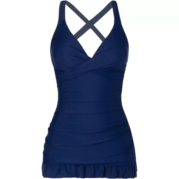 imageCUPSHE Womens Tankini Set Two Piece Swimsuit Twist Tummy Control Crisscross Back Tie Mid Rise Ruffle Swim DressNavy Blue
