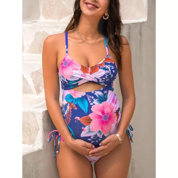 imageCUPSHE Womens Tankini Sets Maternity Swimsuit V Neck Drawsting Ruched Mid Rise Pregnancy Swimwear Back TieBlue Floral