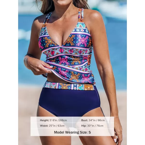 imageCUPSHE Womens Tankini Sets Tummy Control Deep V Neck Crisscross Double Straps High Cut CheekyBluePink