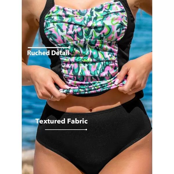 imageCUPSHE Womens Tankini Sets Two Piece Bathing Suits High Waisted Square Neck Crisscross Self Tie Ruched TexturedBlackCamouflage