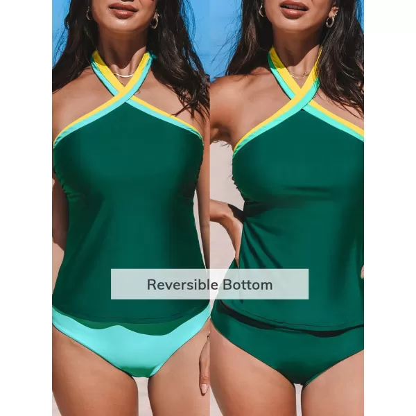 imageCUPSHE Womens Tankini Sets Two Piece Swimsuit High Halter Neck Mid Rise Reversible Bottom Color BlockDark TealLight Blue