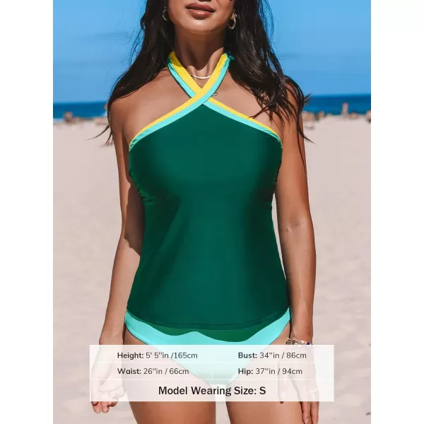 imageCUPSHE Womens Tankini Sets Two Piece Swimsuit High Halter Neck Mid Rise Reversible Bottom Color BlockDark TealLight Blue
