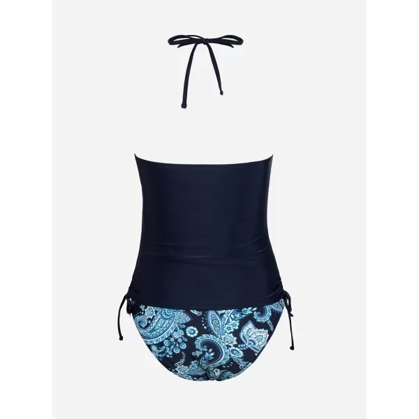 imageCUPSHE Womens Tankini Sets Two Piece Swimsuit High Neck Halter Tummy Control Mid Rise Adjustable DrawstringsNavy BluePaisley