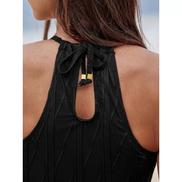 imageCUPSHE Womens Tankini Sets Two Piece Swimsuit High Waisted High Neck Cutout Textured Adjustable DrawstringBlack