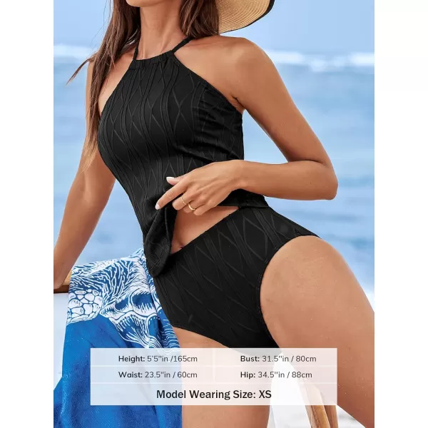 imageCUPSHE Womens Tankini Sets Two Piece Swimsuit High Waisted High Neck Cutout Textured Adjustable DrawstringBlack