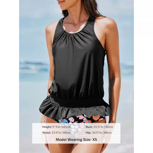 imageCUPSHE Womens Tankini Sets Two Piece Swimsuit High Waisted Round Neck Wide Straps RuffledBlackAnimal Pattern