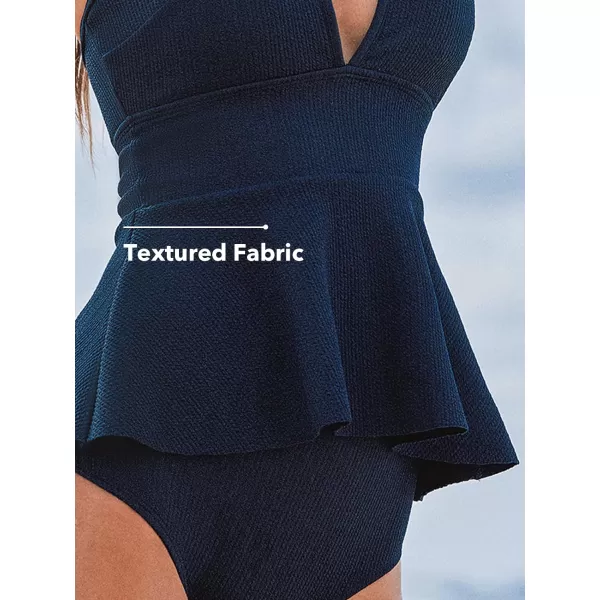 imageCUPSHE Womens Tankini Sets Two Piece Swimsuit High Waisted Scoop Neck Cutout Textured Ruffle Adjustable StrapsNavy Blue