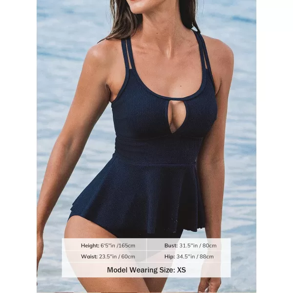 imageCUPSHE Womens Tankini Sets Two Piece Swimsuit High Waisted Scoop Neck Cutout Textured Ruffle Adjustable StrapsNavy Blue