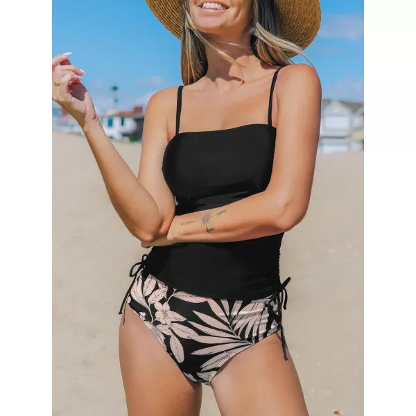 imageCUPSHE Womens Tankini Sets Two Piece Swimsuit High Waisted Square Neck Ruched Drawstring Adjustable StrapsBlackTropical