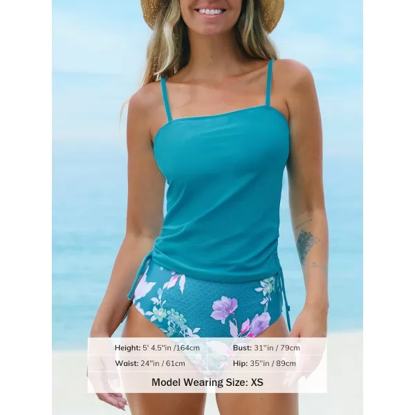 imageCUPSHE Womens Tankini Sets Two Piece Swimsuit High Waisted Square Neck Ruched Drawstring Adjustable StrapsOcean BlueFloral