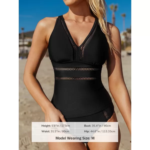 imageCUPSHE Womens Tankini Sets Two Piece Swimsuit High Waisted V Neck Crisscross Adjustable Straps Cheeky BottomBlack