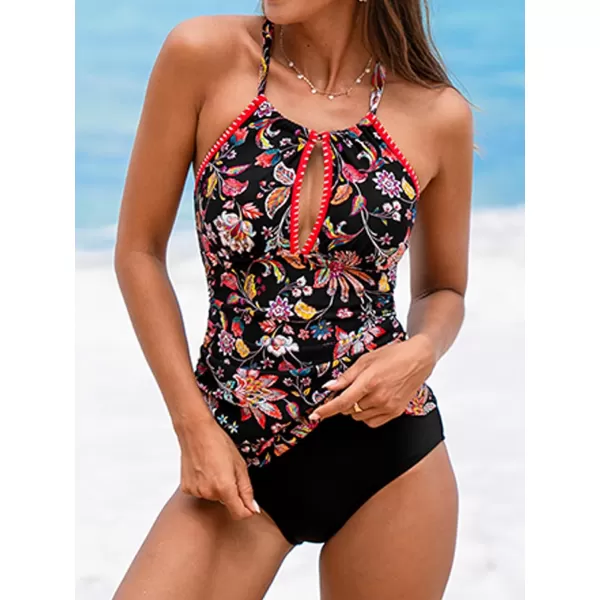 imageCUPSHE Womens Tankini Sets Two Piece Swimsuit Mid Rise Scoop Neck Cutout Crisscross Adjustable Self TieBlackFloral