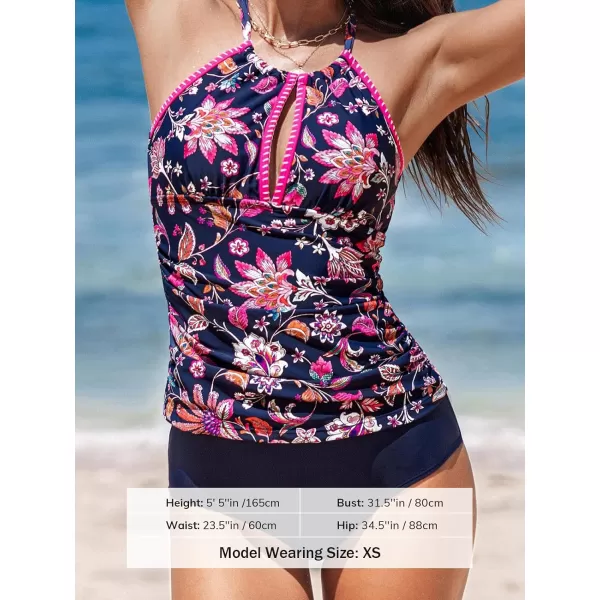 imageCUPSHE Womens Tankini Sets Two Piece Swimsuit Mid Rise Scoop Neck Cutout Crisscross Adjustable Self TieNavy BlueFloral
