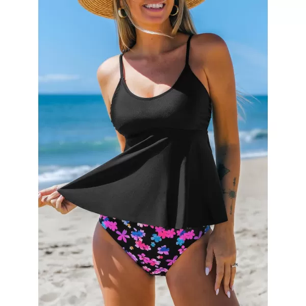 imageCUPSHE Womens Tankini Sets Two Piece Swimsuit Scoop Neck Mid Rise Adjustable Straps Ruffled HemBlackPink Floral