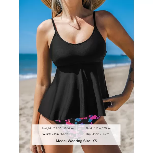 imageCUPSHE Womens Tankini Sets Two Piece Swimsuit Scoop Neck Mid Rise Adjustable Straps Ruffled HemBlackPink Floral