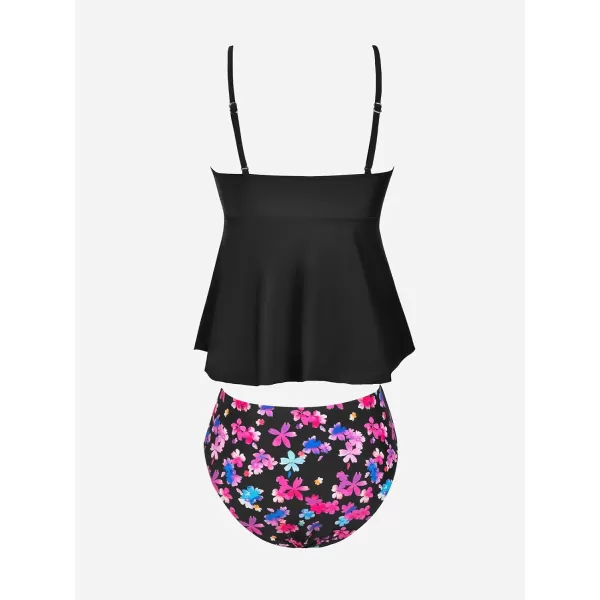 imageCUPSHE Womens Tankini Sets Two Piece Swimsuit Scoop Neck Mid Rise Adjustable Straps Ruffled HemBlackPink Floral