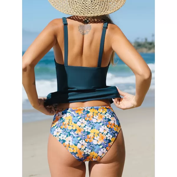 imageCUPSHE Womens Tankini Sets Two Piece Swimsuit Scoop Neck Mid Rise Adjustable Straps Twisted RuchedNavy BlueFloral
