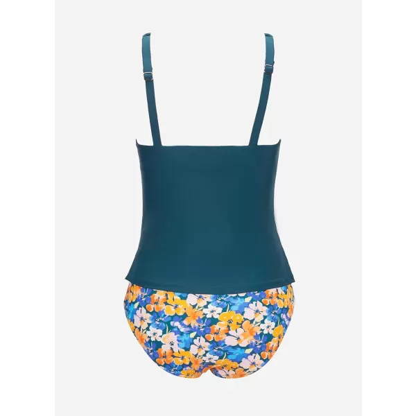 imageCUPSHE Womens Tankini Sets Two Piece Swimsuit Scoop Neck Mid Rise Adjustable Straps Twisted RuchedNavy BlueFloral