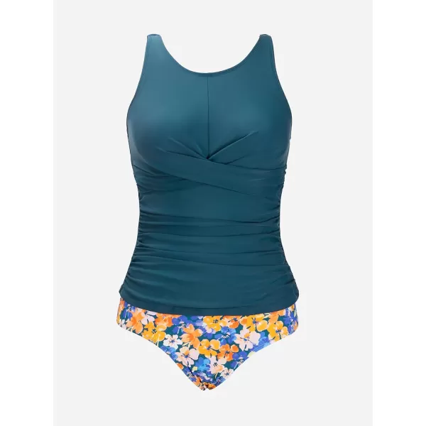 imageCUPSHE Womens Tankini Sets Two Piece Swimsuit Scoop Neck Mid Rise Adjustable Straps Twisted RuchedNavy BlueFloral