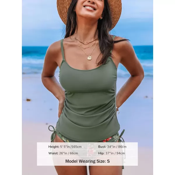 imageCUPSHE Womens Tankini Sets Two Piece Swimsuit Scoop Neck Ruched Adjustable Straps Drawstring Mid RiseSmoke GreenFloral