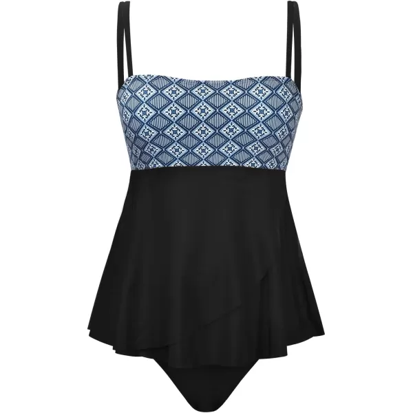 imageCUPSHE Womens Tankini Sets Two Piece Swimsuit Square Neck Mid Rise Retro Swimwear Irregular HemBlack Retro Print