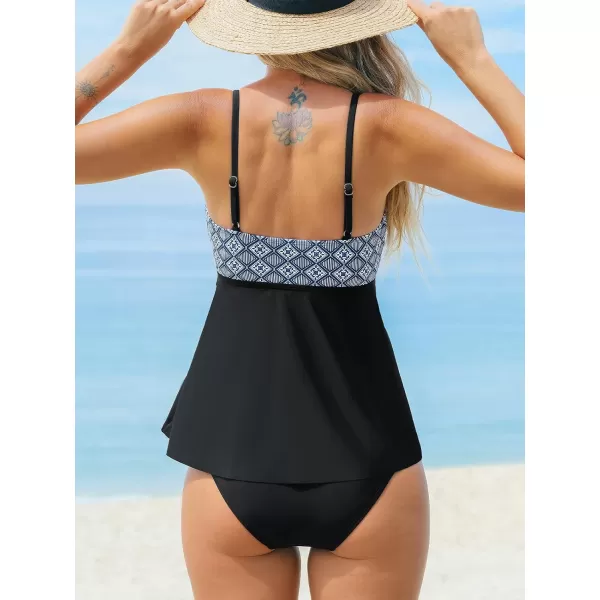 imageCUPSHE Womens Tankini Sets Two Piece Swimsuit Square Neck Mid Rise Retro Swimwear Irregular HemBlack Retro Print