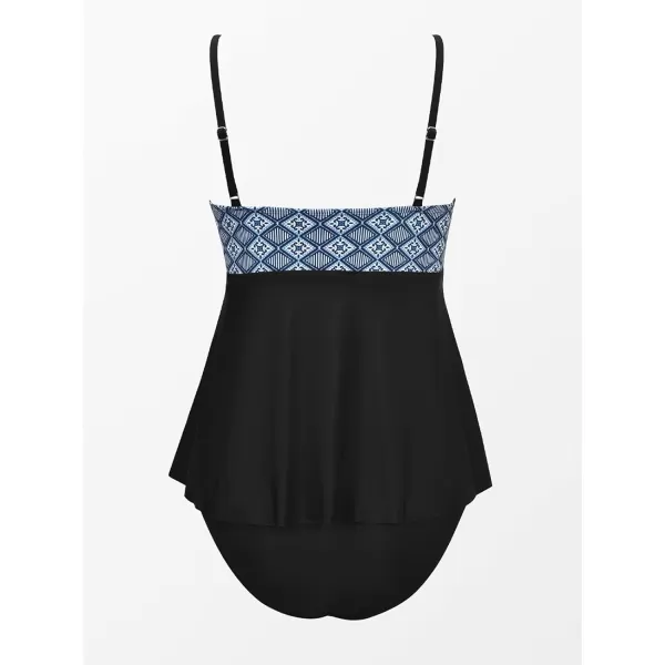 imageCUPSHE Womens Tankini Sets Two Piece Swimsuit Square Neck Mid Rise Retro Swimwear Irregular HemBlack Retro Print