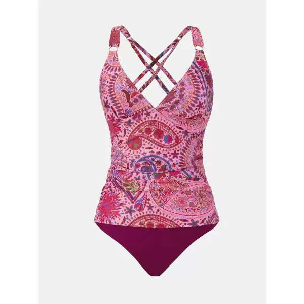 imageCUPSHE Womens Tankini Sets Two Piece Swimsuit Tummy Control V Neck Crisscross Back Tie Mid Rise Adjustable StrapsBerry  Paisley