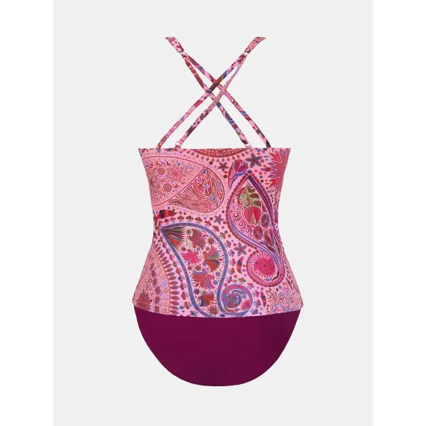 imageCUPSHE Womens Tankini Sets Two Piece Swimsuit Tummy Control V Neck Crisscross Back Tie Mid Rise Adjustable StrapsBerry  Paisley