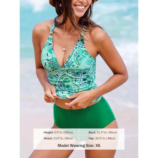 imageCUPSHE Womens Tankini Sets Two Piece Swimsuit Tummy Control V Neck Crisscross Back Tie Mid Rise Adjustable StrapsMint GreenPaisley