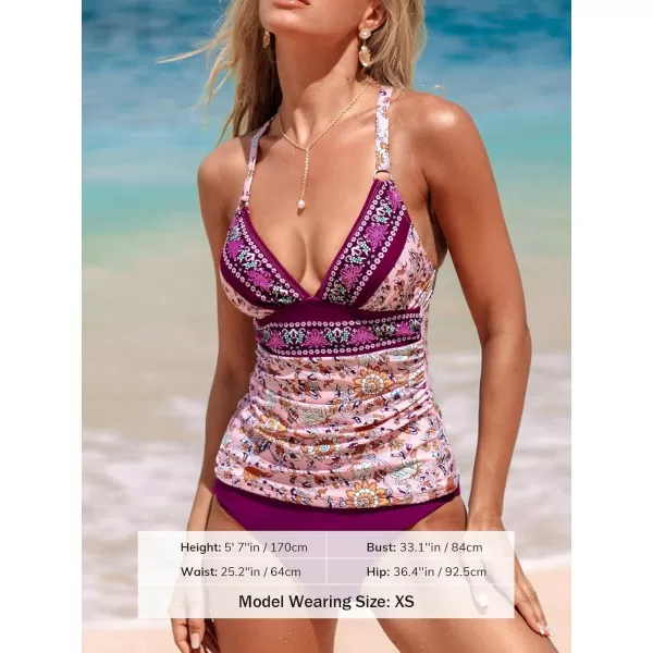 imageCUPSHE Womens Tankini Sets Two Piece Swimsuit Tummy Control V Neck Crisscross Back Tie Mid Rise Adjustable StrapsPurple PinkFloral