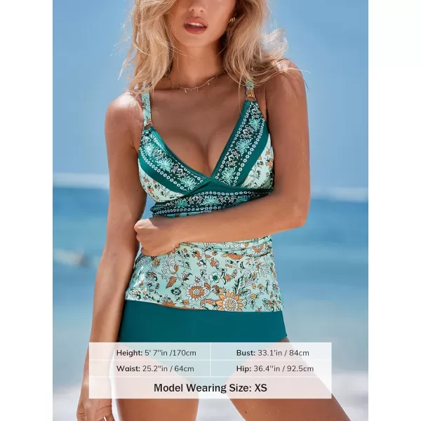 imageCUPSHE Womens Tankini Sets Two Piece Swimsuit Tummy Control V Neck Crisscross Back Tie Mid Rise Adjustable StrapsTeal GreenFloral