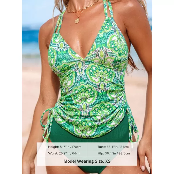 imageCUPSHE Womens Tankini Sets Two Piece Swimsuit V Neck O Ring Back Cutout Double Straps Mid Rise DrawstringGreenFloral