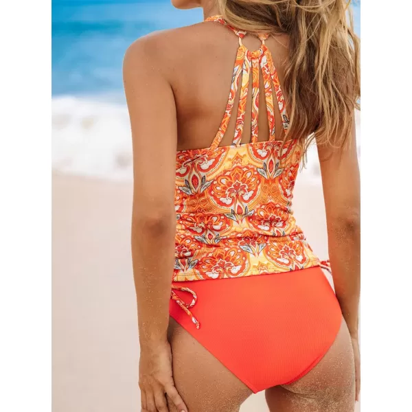 imageCUPSHE Womens Tankini Sets Two Piece Swimsuit V Neck O Ring Back Cutout Double Straps Mid Rise DrawstringPale OrangeFloral