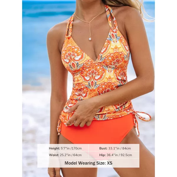 imageCUPSHE Womens Tankini Sets Two Piece Swimsuit V Neck O Ring Back Cutout Double Straps Mid Rise DrawstringPale OrangeFloral