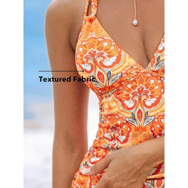 imageCUPSHE Womens Tankini Sets Two Piece Swimsuit V Neck O Ring Back Cutout Double Straps Mid Rise DrawstringPale OrangeFloral