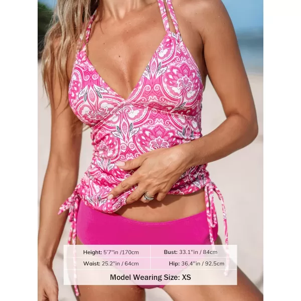 imageCUPSHE Womens Tankini Sets Two Piece Swimsuit V Neck O Ring Back Cutout Double Straps Mid Rise DrawstringPinkFloral