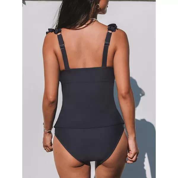 imageCUPSHE Womens Tankini Sets Two Piece Swimsuit V Neck Ruffled Ruched Tummy Control Ladder Trim XS3XLDark Grey