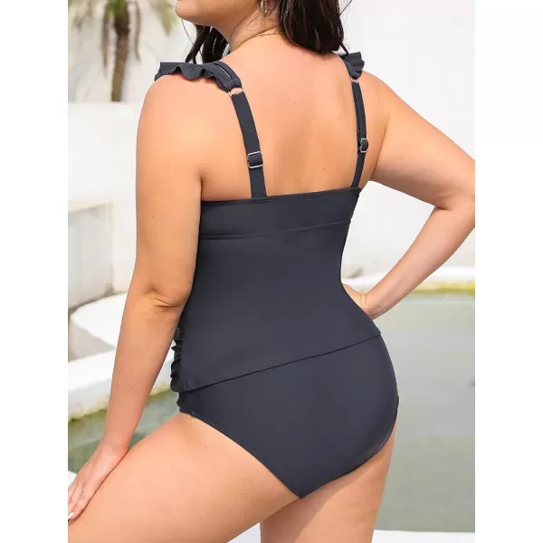 imageCUPSHE Womens Tankini Sets Two Piece Swimsuit V Neck Ruffled Ruched Tummy Control Ladder Trim XS3XLDark Grey