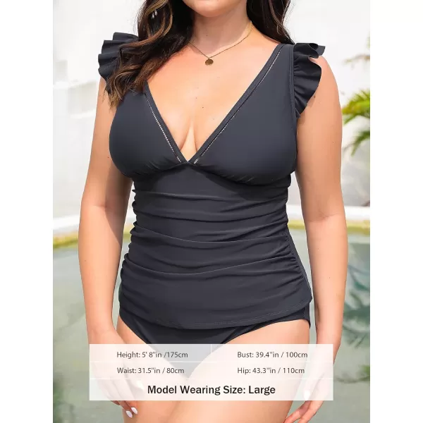 imageCUPSHE Womens Tankini Sets Two Piece Swimsuit V Neck Ruffled Ruched Tummy Control Ladder Trim XS3XLDark Grey