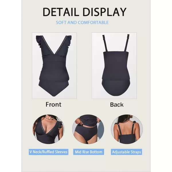 imageCUPSHE Womens Tankini Sets Two Piece Swimsuit V Neck Ruffled Ruched Tummy Control Ladder Trim XS3XLDark Grey