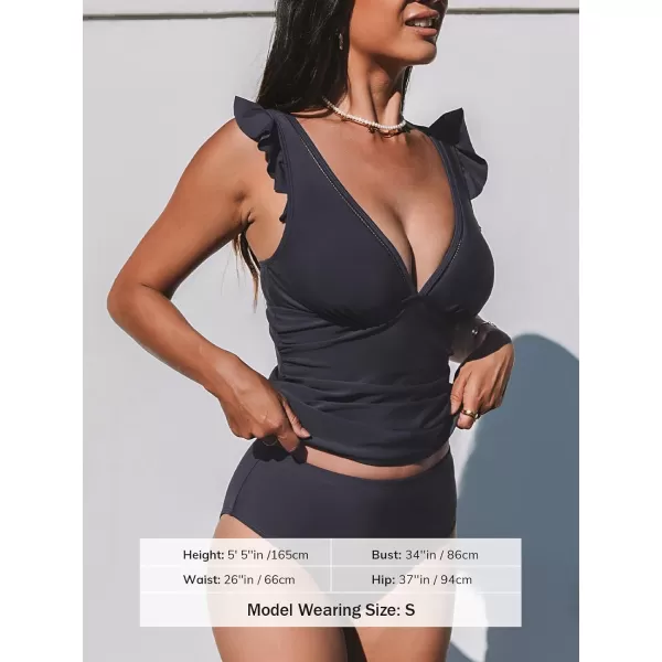 imageCUPSHE Womens Tankini Sets Two Piece Swimsuit V Neck Ruffled Ruched Tummy Control Ladder Trim XS3XLDark Grey