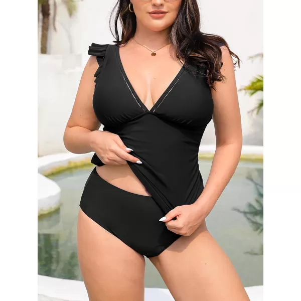 imageCUPSHE Womens Tankini Sets Two Piece Swimsuit V Neck Ruffled Ruched Tummy Control Ladder Trim XS4XLBlack