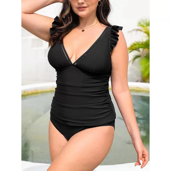 imageCUPSHE Womens Tankini Sets Two Piece Swimsuit V Neck Ruffled Ruched Tummy Control Ladder Trim XS4XLBlack