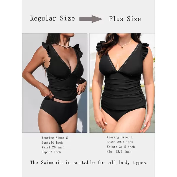 imageCUPSHE Womens Tankini Sets Two Piece Swimsuit V Neck Ruffled Ruched Tummy Control Ladder Trim XS4XLBlack