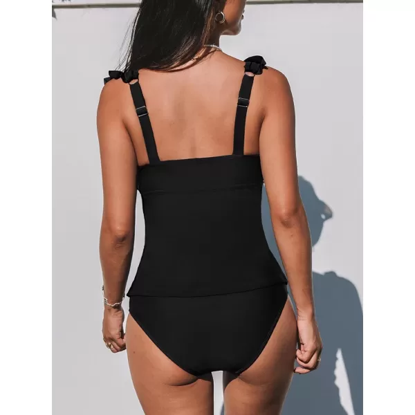 imageCUPSHE Womens Tankini Sets Two Piece Swimsuit V Neck Ruffled Ruched Tummy Control Ladder Trim XS4XLBlack