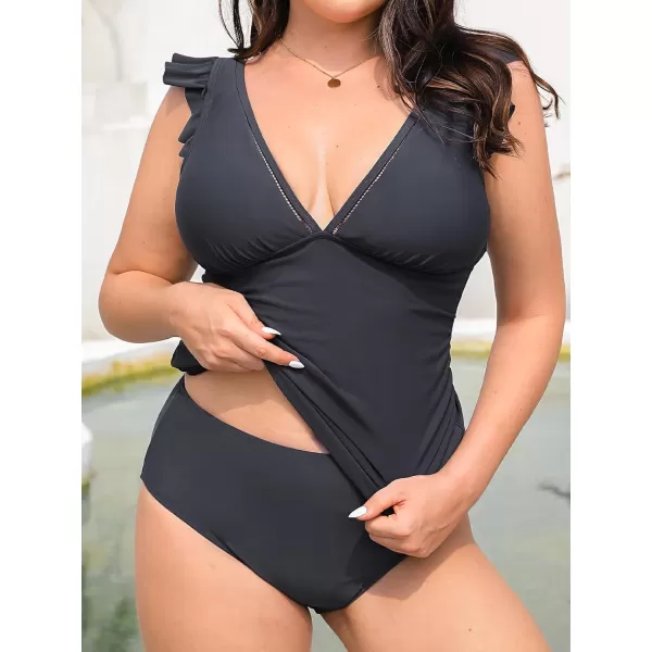 imageCUPSHE Womens Tankini Sets Two Piece Swimsuit V Neck Ruffled Ruched Tummy Control Ladder Trim XS4XLDark Grey